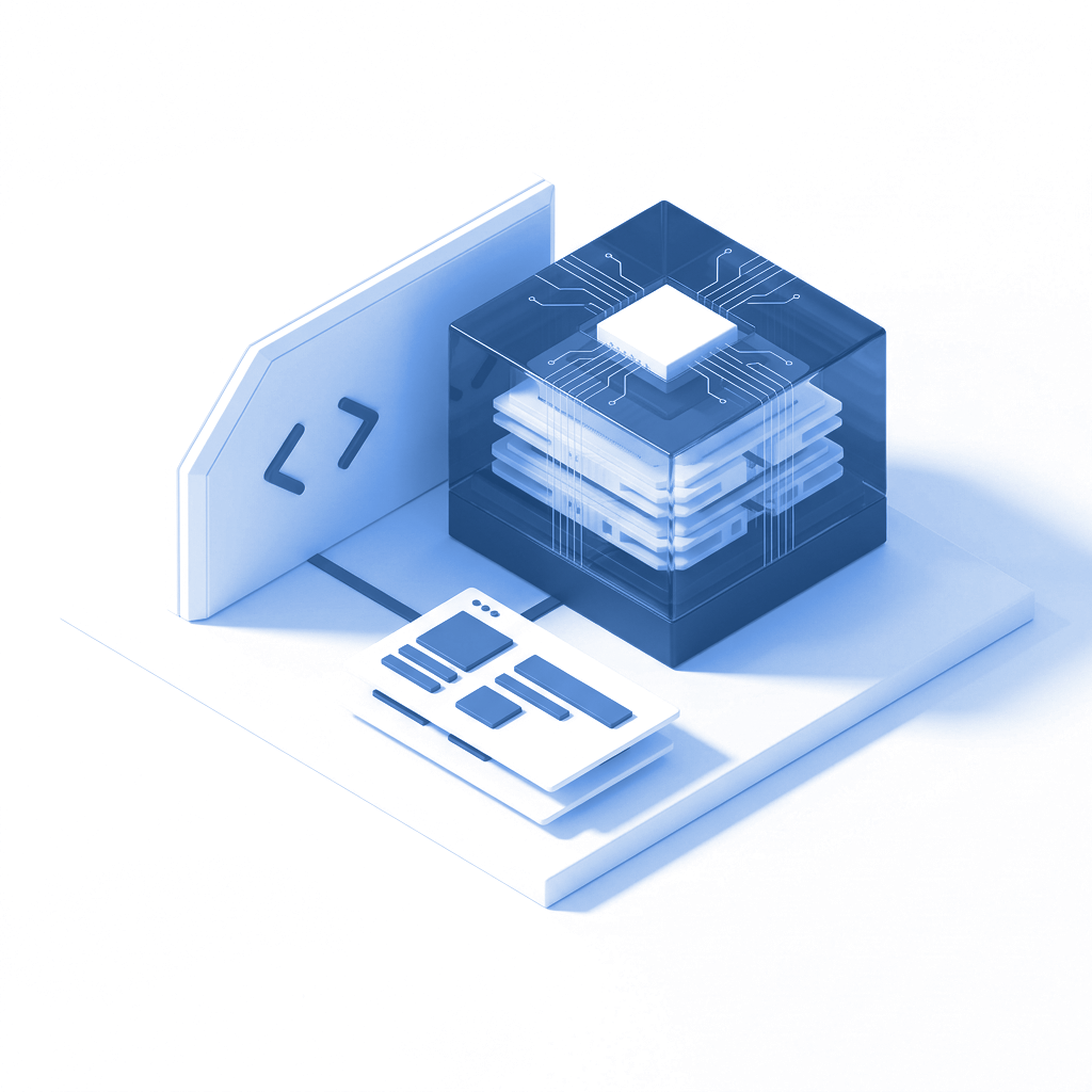 Illustrative blue-and-white AI development model with a code panel, computing core, and software components