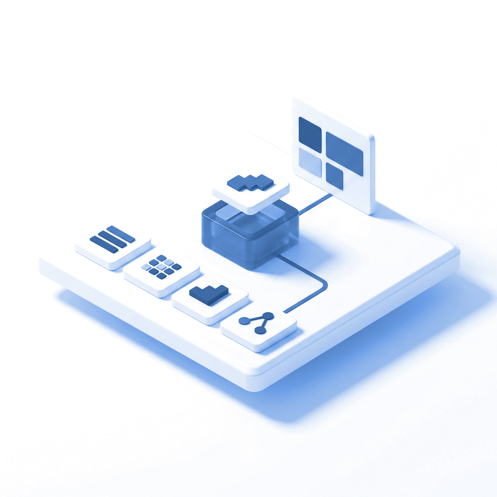 Illustrative blue-and-white model of modular AI tool selection and integration