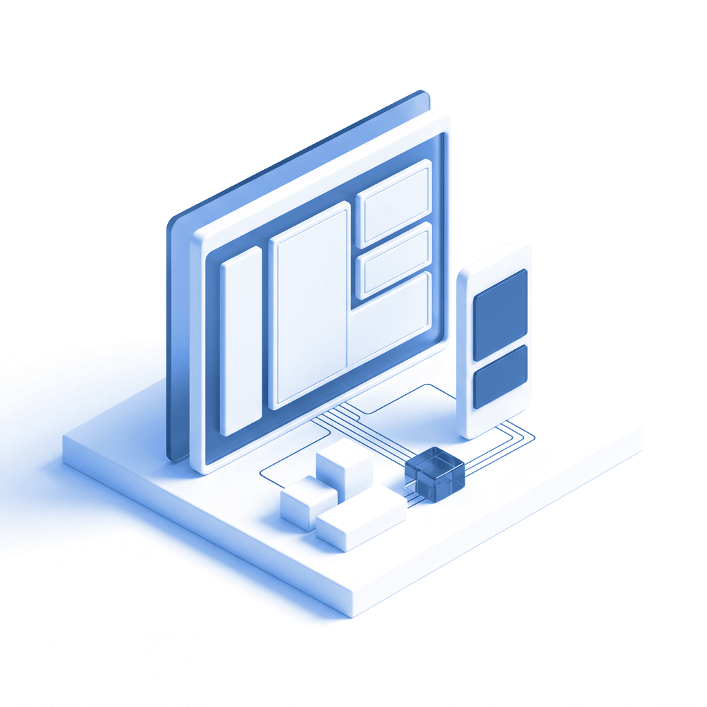 Illustratives blau-weißes Modell individueller Software mit Weboberfläche, mobiler Anwendung und verbundenen Bausteinen