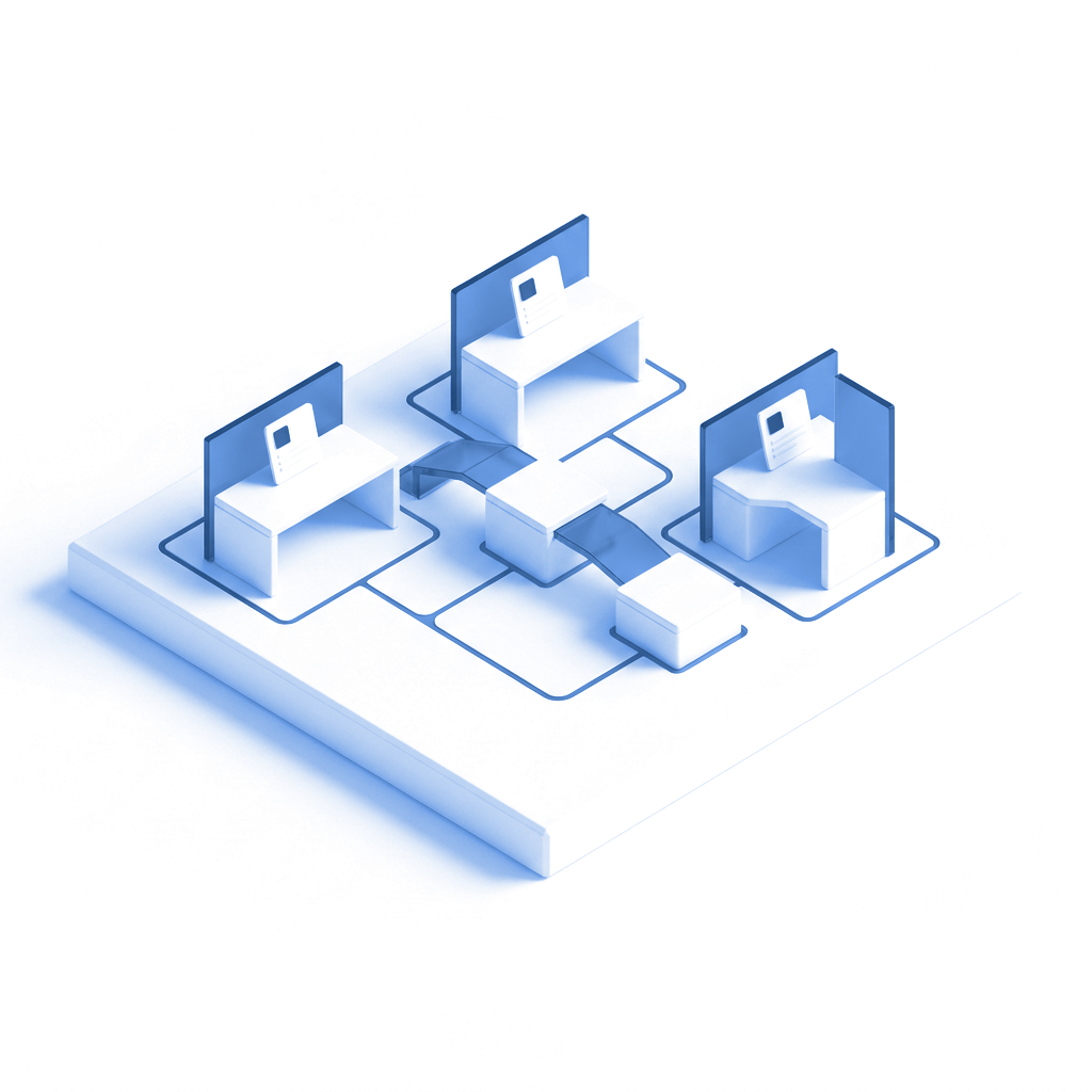 Illustrative blue-and-white model of distributed IT teams and connected workstations; not actual staff or offices